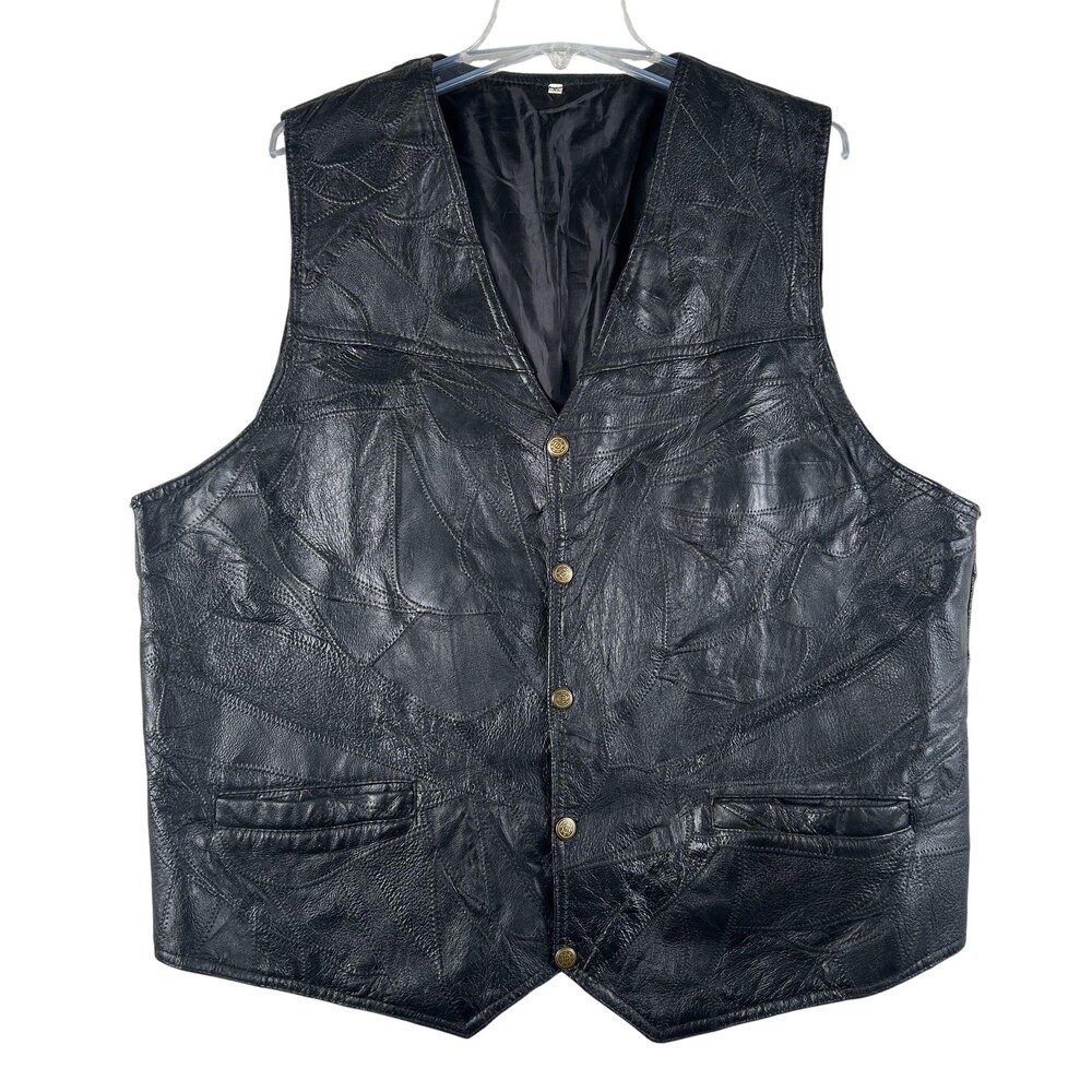 Leather Vest Mens XL Black Patchwork Biker Snap Front Lined Pockets Motorcycle